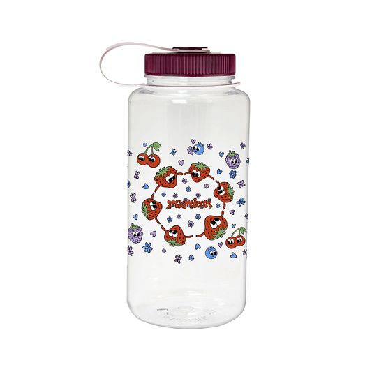 A 32oz white water bottle with a red lid and a design of cherries and leaves in multicolor.