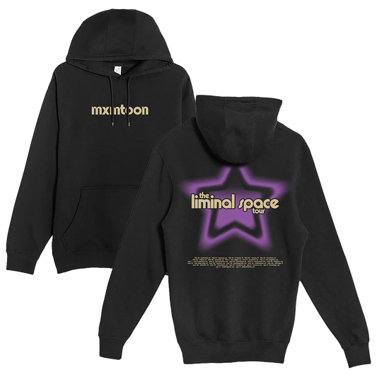 Black hoodie with 'mxmtoon' text and 'liminal space' tour graphic on the back.